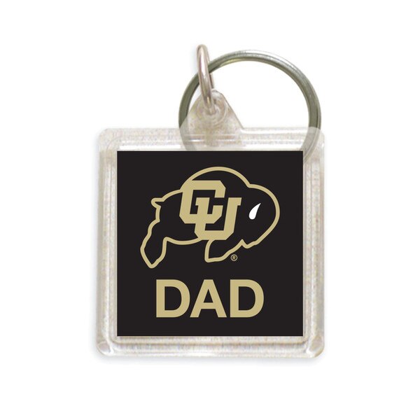 Square clear acrylic keychain with CU Buffaloes logo and "DAD" text on black background